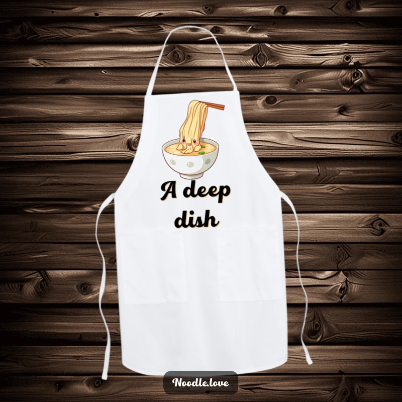 Funny Noodle Dive Apron, showing a noodle character dramatically diving into a bowl of broth, ideal for kitchen fun.