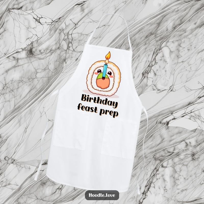 Funny Sushi Birthday Apron, depicting a sushi roll character popping open with a birthday candle, great for festive cooking.