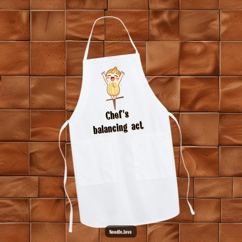 Funny apron with a noodle character excitedly doing a headstand on a chopstick, perfect for cooking.