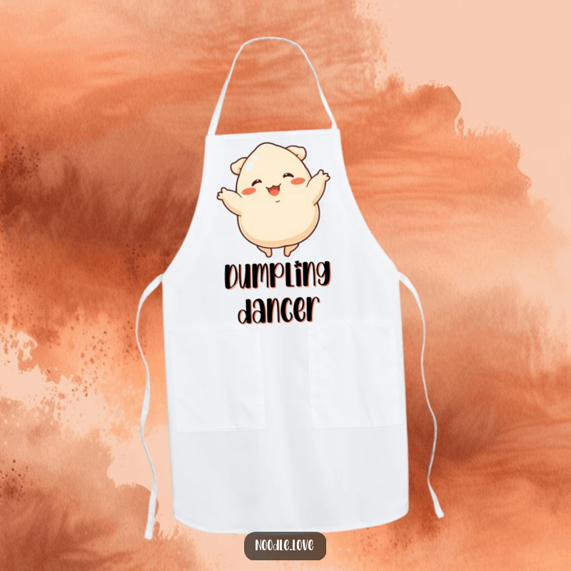 Funny dumpling dancer apron showing a happy dumpling with short legs spinning enthusiastically while cooking.