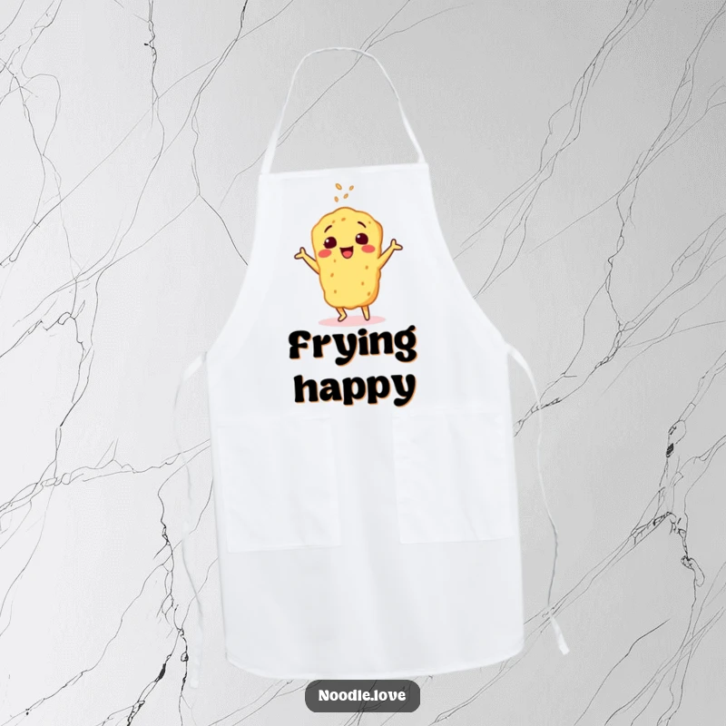 Funny apron with a cheerful tempura character doing a happy dance, sprinkled with sesame seeds, ideal for kitchen fun and culinary cheer.