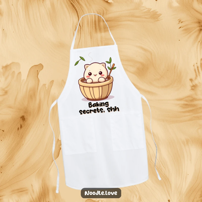 Funny apron showing a cute dumpling character winking from a steaming bamboo basket, perfect for chefs who love humor while cooking.