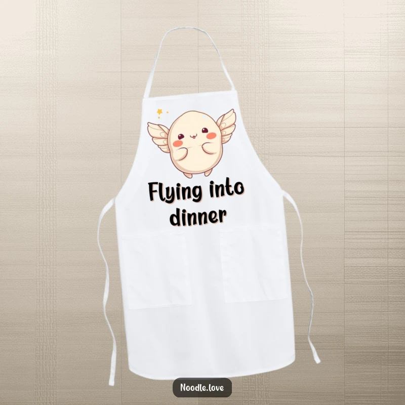 Funny flying dumpling apron depicting a whimsical character with tiny wings attempting to fly, ideal for kitchen fun and culinary creativity.
