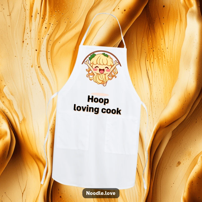 Funny noodle apron depicting a jubilant character jumping through a hoop of chopsticks, ideal for kitchen fun and culinary acrobatics.