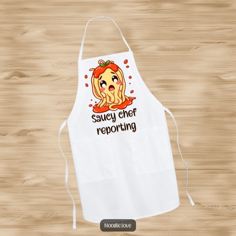 Funny Noodle Apron: A surprised noodle character wiggling with excitement and sauce splattering, ready for the kitchen.