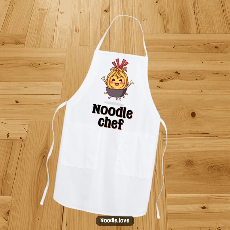 Funny Apron: A happy fried noodle character bouncing with delight, ready for kitchen duty with food-themed humor.