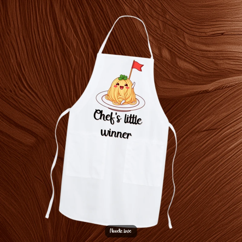 Funny Noodle Apron: A beaming noodle on a plate, waving a tiny flag, humorously celebrating cooking.