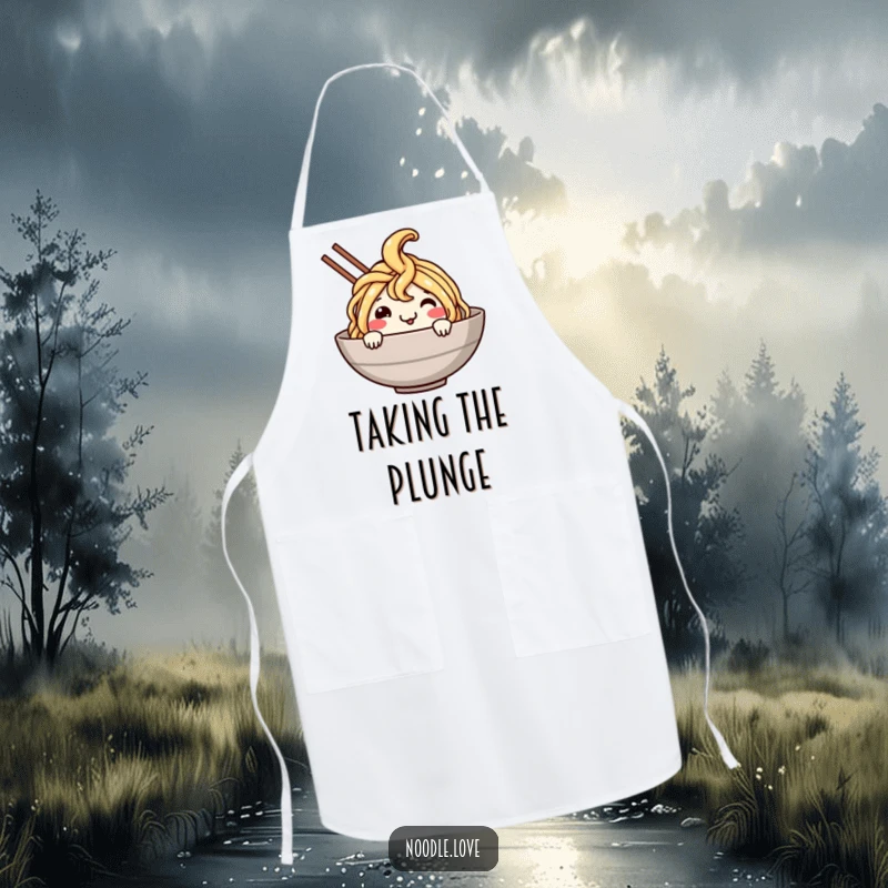 Funny Noodle Dive Apron: Smiling noodle character cheerfully dives into a bowl while cooking, a fun and practical kitchen accessory.