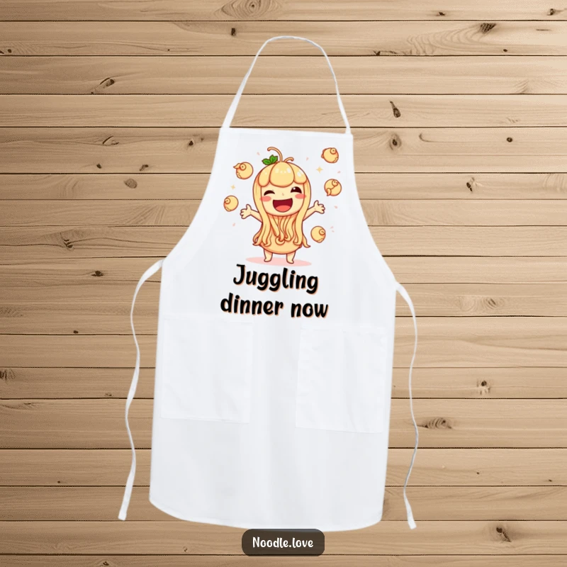 Funny apron showcasing a noodle character giggling while juggling tiny dumplings, adding a splash of culinary fun and humor.