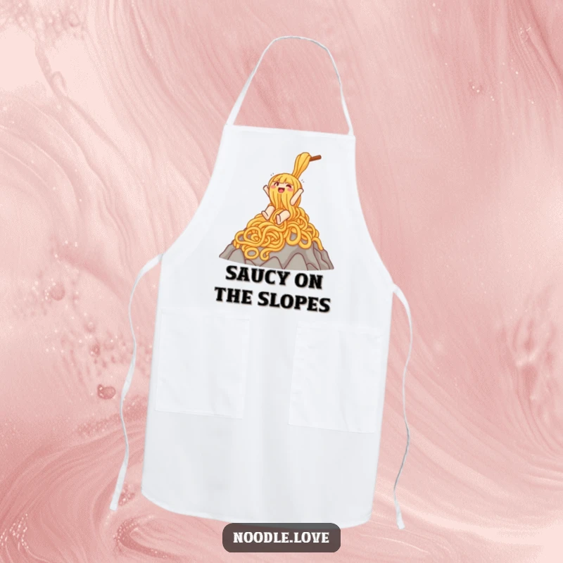 Funny apron depicting a gleeful noodle character sliding down a mountain of noodles, perfect for chefs who enjoy culinary fun.
