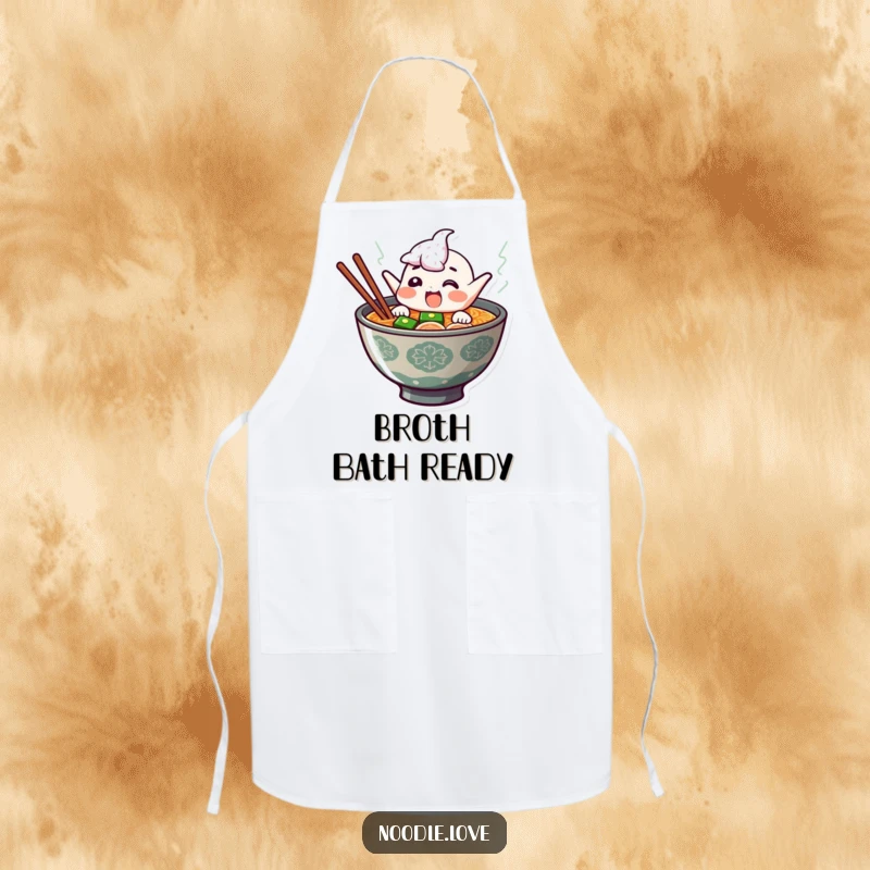 Funny ramen apron with a giggling character leaping from steaming broth, ideal for adding humor and personality to any cooking session.