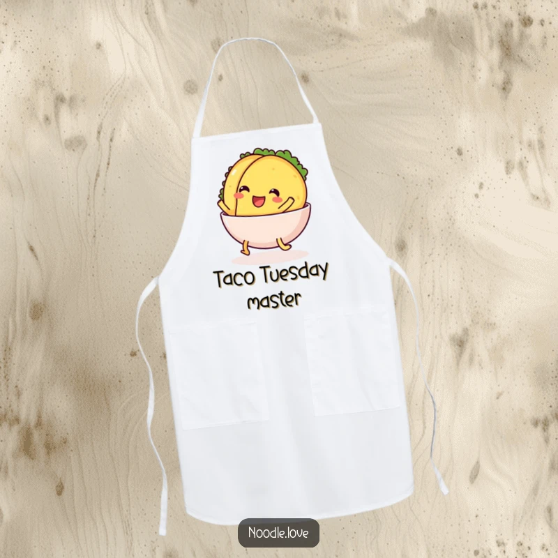 Funny Apron: a cheerful taco with legs comically sliding into a bowl, perfect for a fun cooking experience.