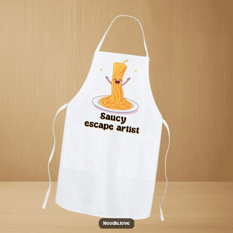 Funny Spaghetti Apron: A strand of spaghetti joyfully leaping off its plate, humorously celebrating cooking.