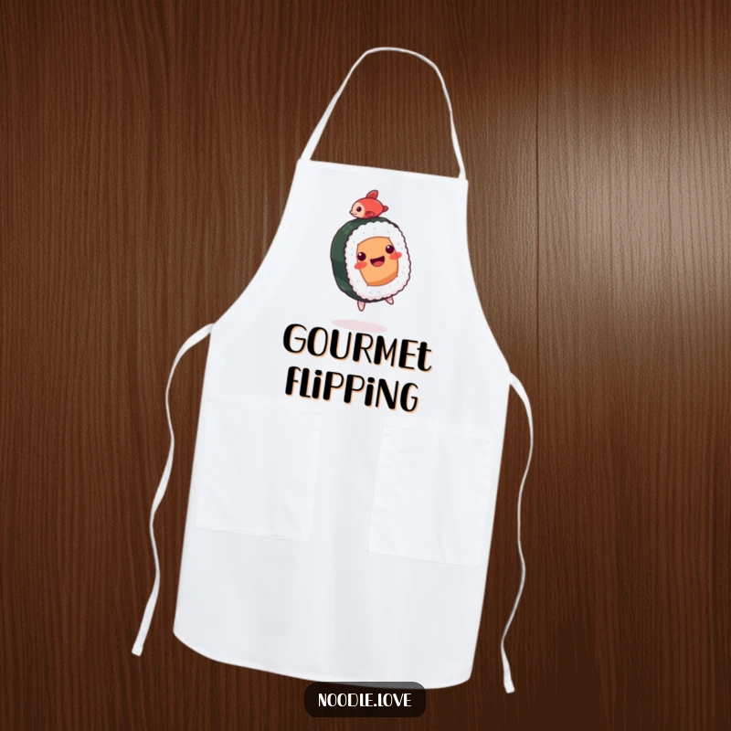 Funny Sushi Apron: A happy sushi roll character doing a backflip with a tiny fish, ready for culinary action.