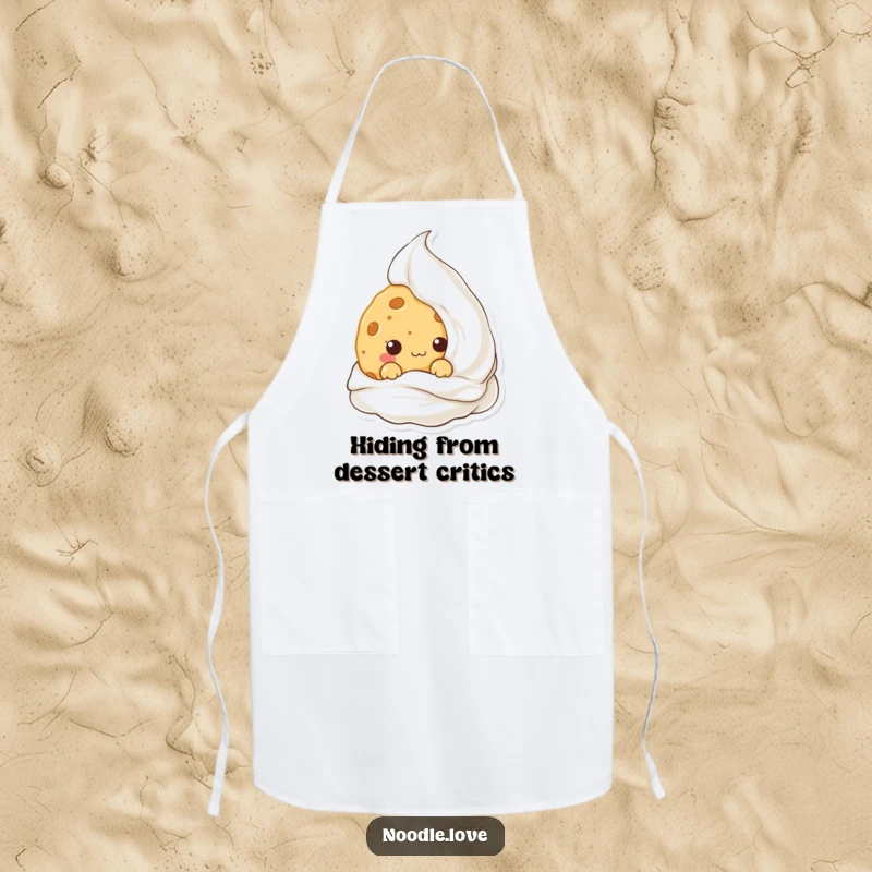 Funny Kawaii cookie character hiding behind cream, featured on a kitchen apron, bringing playful humor to baking.