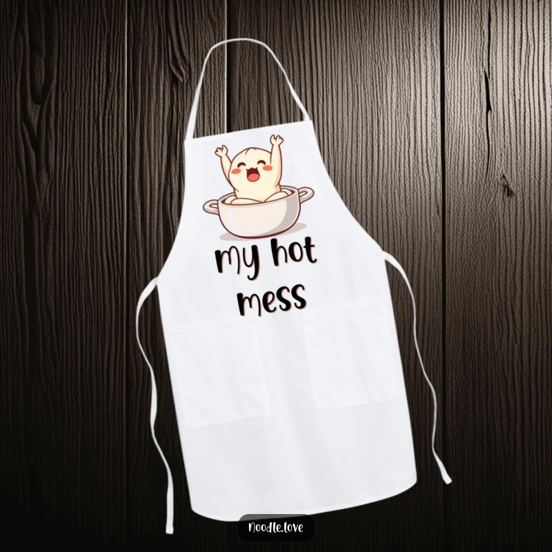 Funny Apron: a surprised dumpling comically jumping out of a steaming pot, perfect for a fun cooking experience.