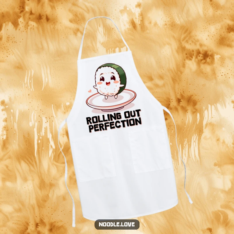 Funny apron with a smiling sushi character joyfully spinning on a plate, ideal for kitchen fun and culinary delight.