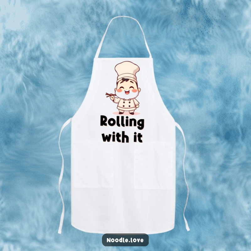 Funny giggling sushi chef apron in a tall hat, holding chopsticks, ready for kitchen adventures with culinary flair and humor.