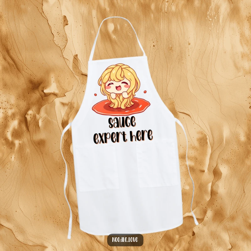 Funny kitchen apron with a cute noodle character giggling as it splashes joyfully within a generous puddle of dark sauce.
