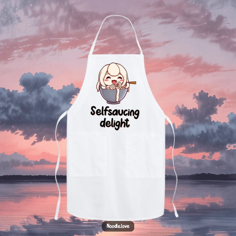 Funny apron featuring a happy anthropomorphic udon noodle character joyfully slurping itself, perfect for a playful cook.