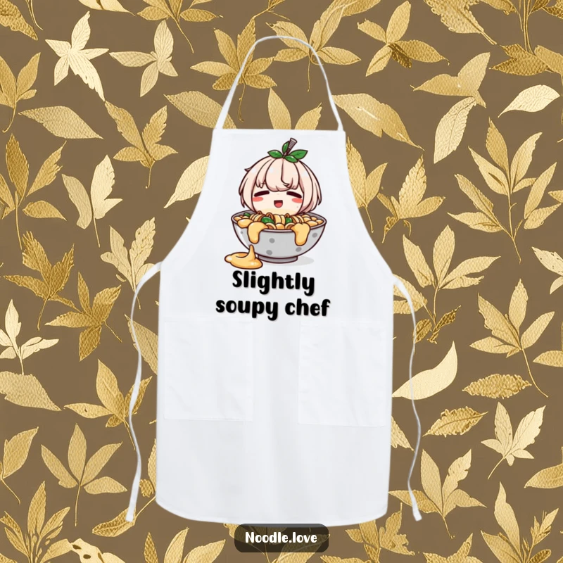 Funny apron showing a ramen bowl character with a slight, happy spill, looking endearingly embarrassed, perfect for humorous cooking.