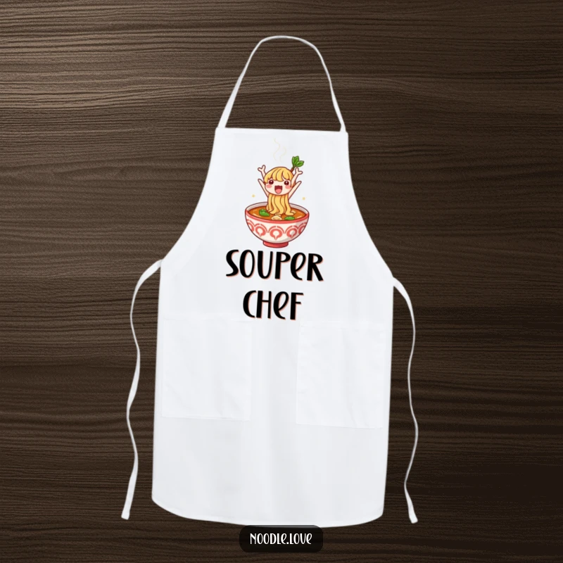 Funny apron with a cute noodle character joyfully jumping from a steaming bowl of broth, ideal for cooking and kitchen fun.