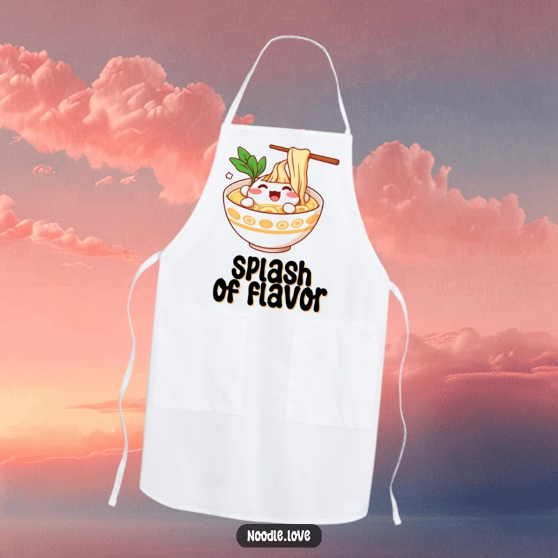 Funny Ramen Bowl Character Splashing Happily in Broth Apron - Humorous cooking accessory for ramen fans, practical funny gift.