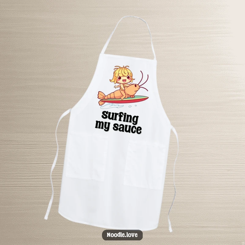Funny apron with a giggling noodle character riding a giant shrimp like a surfboard, perfect for kitchen fun and a clean outfit.