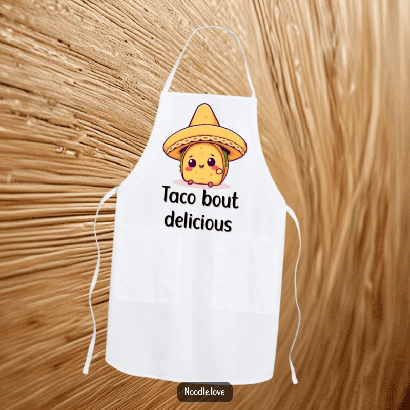 Funny Kawaii taco character peeking from under a giant sombrero, printed on a kitchen apron.