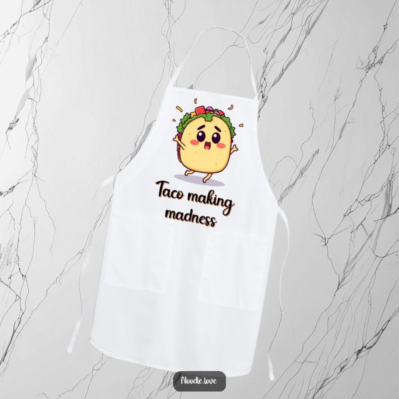 Funny Surprised Taco Apron: A surprised taco dances with flying toppings, a funny and functional accessory for energetic kitchen fun.