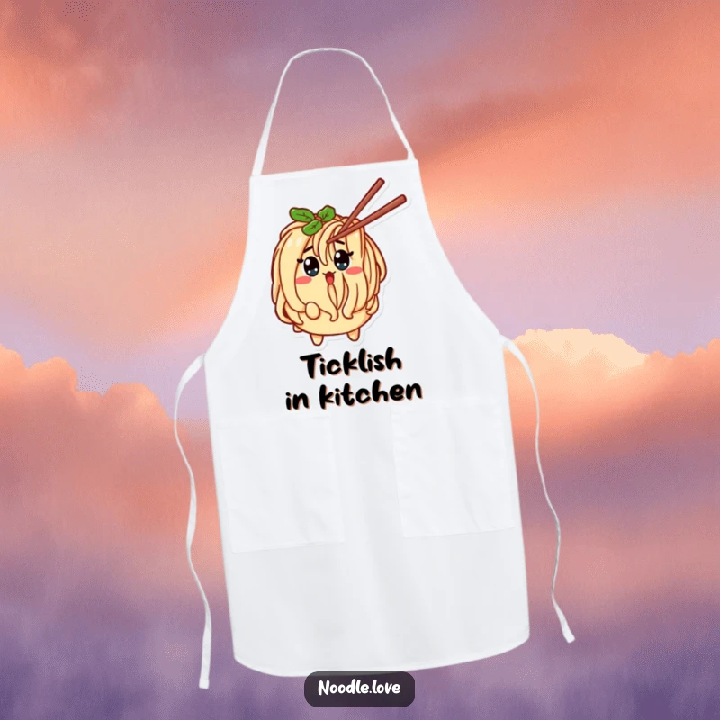Funny Noodle Character Surprised by Tickling Chopstick Apron - Humorous cooking accessory for pasta enthusiasts, practical funny gift.