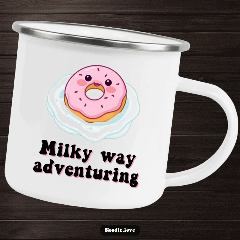 Funny donut character camping mug floating in a milk pool, bringing sweet cheer and humor to outdoor adventures.