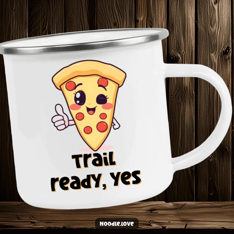 Funny pizza slice character camping mug giving a thumbs up, perfect for hot drinks during outdoor adventures, radiating cheesy cheer.