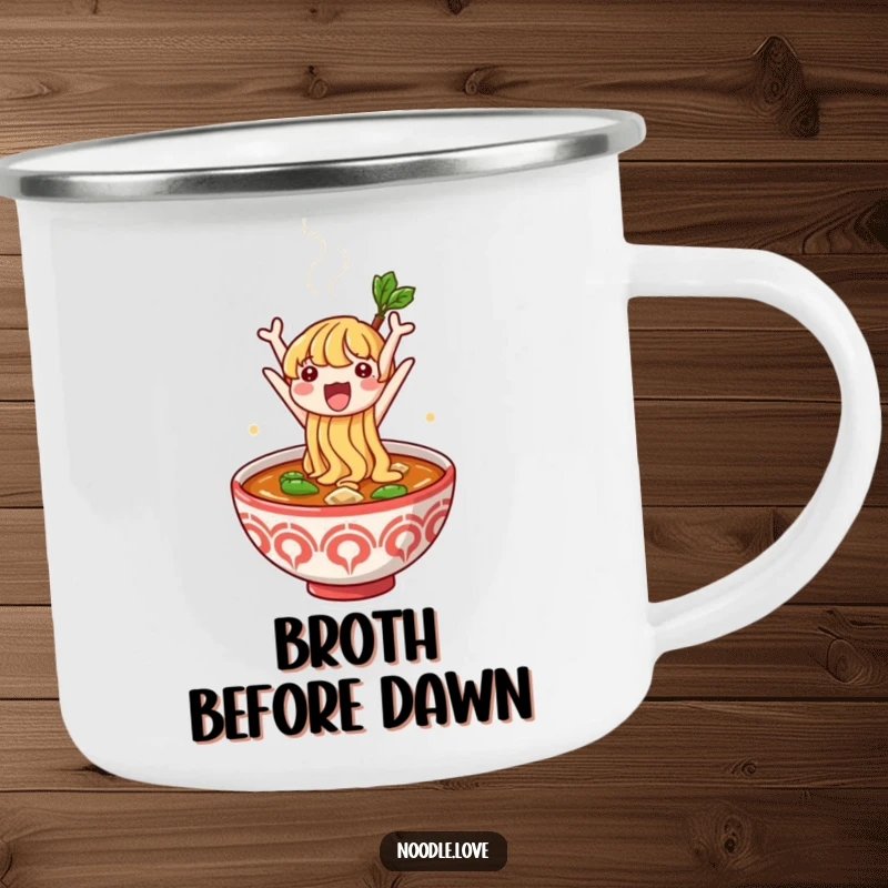 Funny camping mug featuring a cute noodle character leaping from a steaming bowl of broth, designed for outdoor enthusiasts seeking humor.