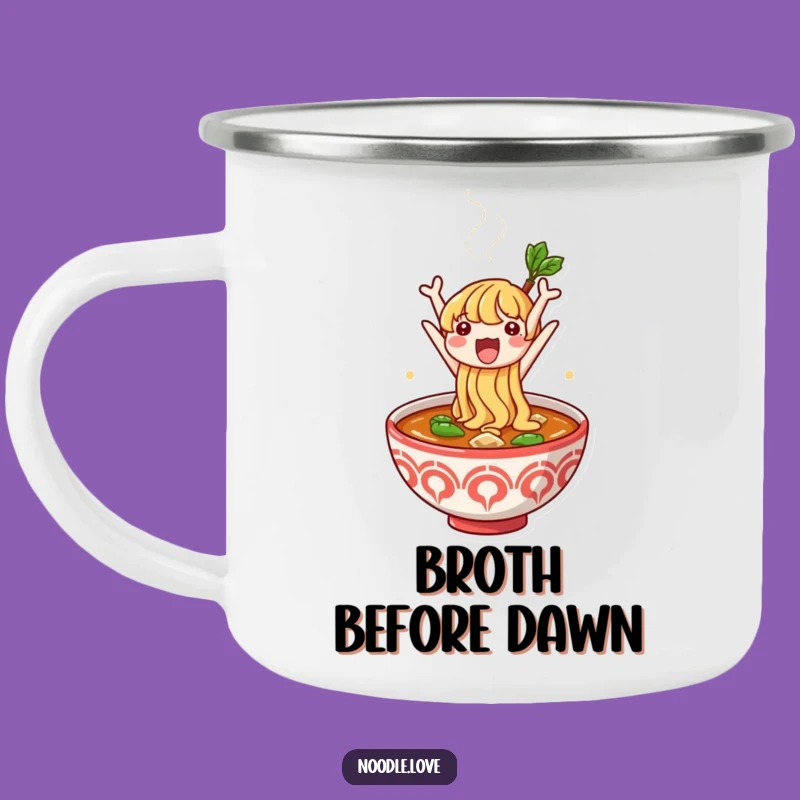 Funny Noodle Adventure Camping Mug: Cute Character's Broth Jump - Outdoor Gift