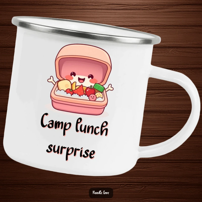 Funny bento box camping mug with a cheerful character popping open to reveal tiny smiling food, for enjoying beverages outdoors with humor.