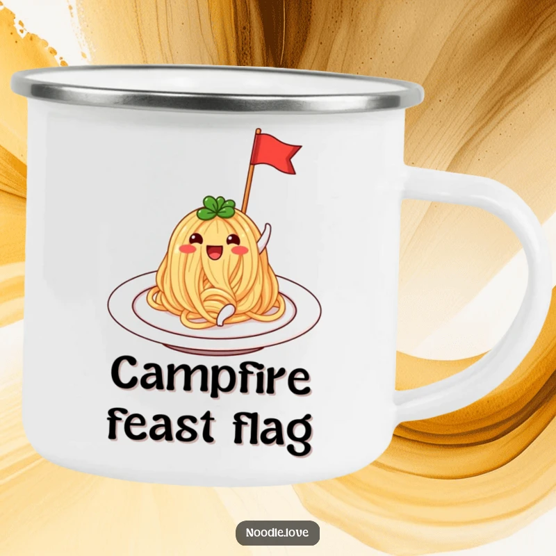 Funny Noodle Camping Mug: A beaming noodle on a plate, waving a flag, ready for outdoor feasts.