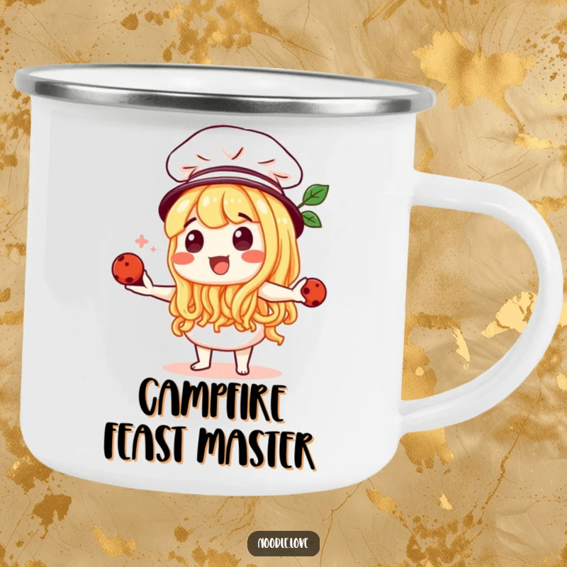 Funny Noodle Character Chef Juggling Meatballs Camping Mug - Durable outdoor mug with a playful chef design, funny gift.