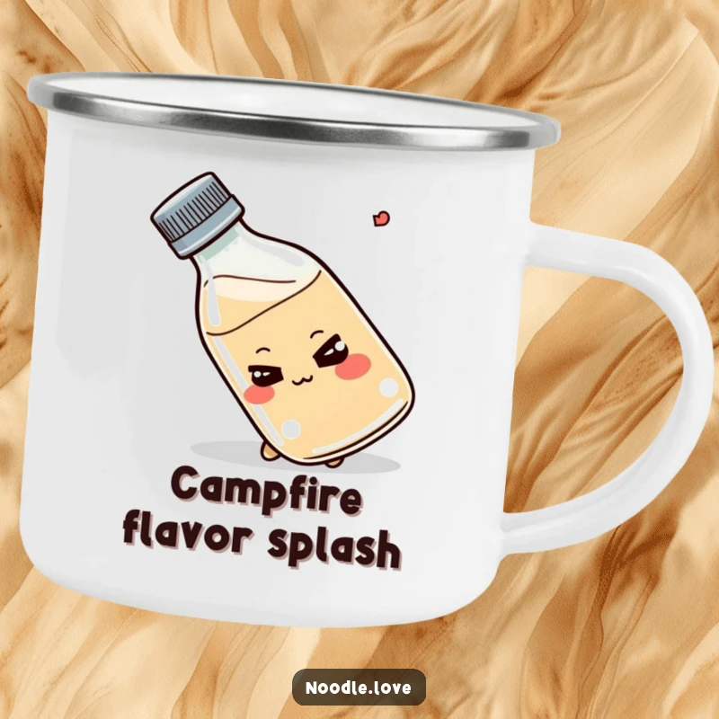 Funny Shoyu bottle camping mug, smirking, tipping playfully, cute outdoor gear, food adventure accessory, excellent funny gift.