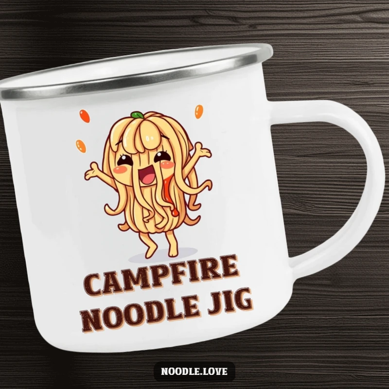 Funny Noodle Camping Mug: A noodle dancing with artistic sauce, designed for adventure, offering durable humor and a funny gift.