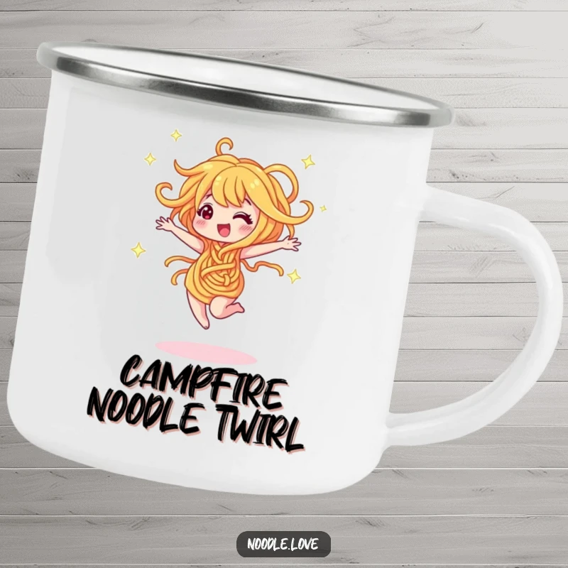 Funny camping mug showing a noodle character dancing and twirling with sparkles. Durable and humorous funny gift.