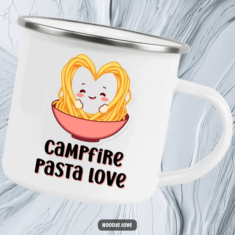 Funny Spaghetti Heart Camping Mug: A spaghetti character forms a heart, perfect for enjoying coffee with a funny, Italian food twist.