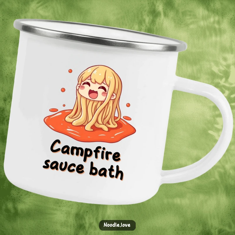 Funny camping mug with a noodle character gleefully splashing in a puddle of sauce, perfect for outdoors.