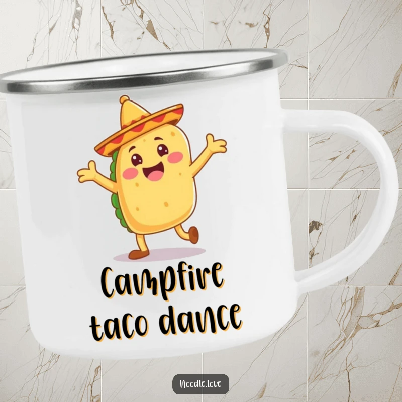 Funny taco camping mug, a jubilant taco with floppy sombrero legs dancing, camping fiesta humor.