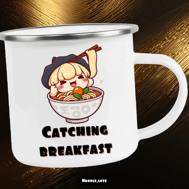 Funny camping mug with a kawaii ramen character using chopsticks to playfully grab a floating ingredient, designed for outdoor enthusiasts seeking humor.