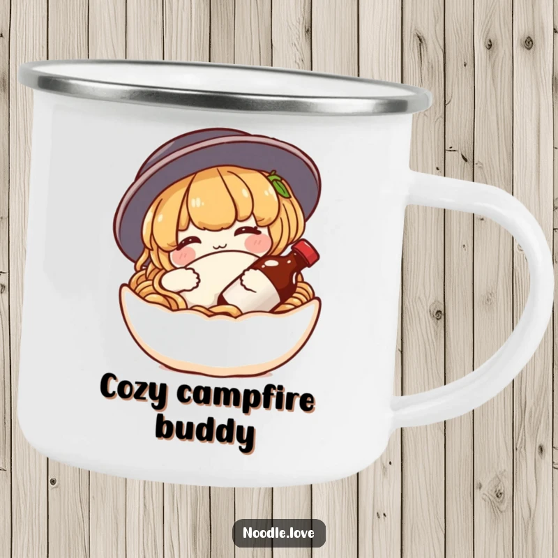 Funny noodle camping mug with a content character snuggling a tiny soy sauce bottle like a pillow, ideal for enjoying beverages during outdoor adventures.