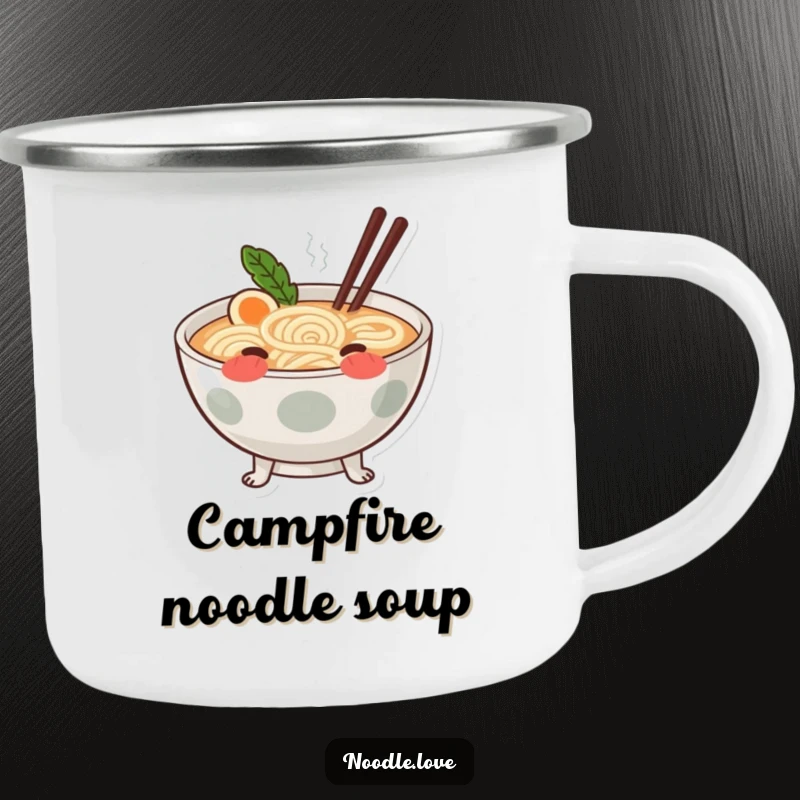 Funny blushing ramen camping mug showing a cute ramen bowl with swirling noodle legs, blushing by the fire.