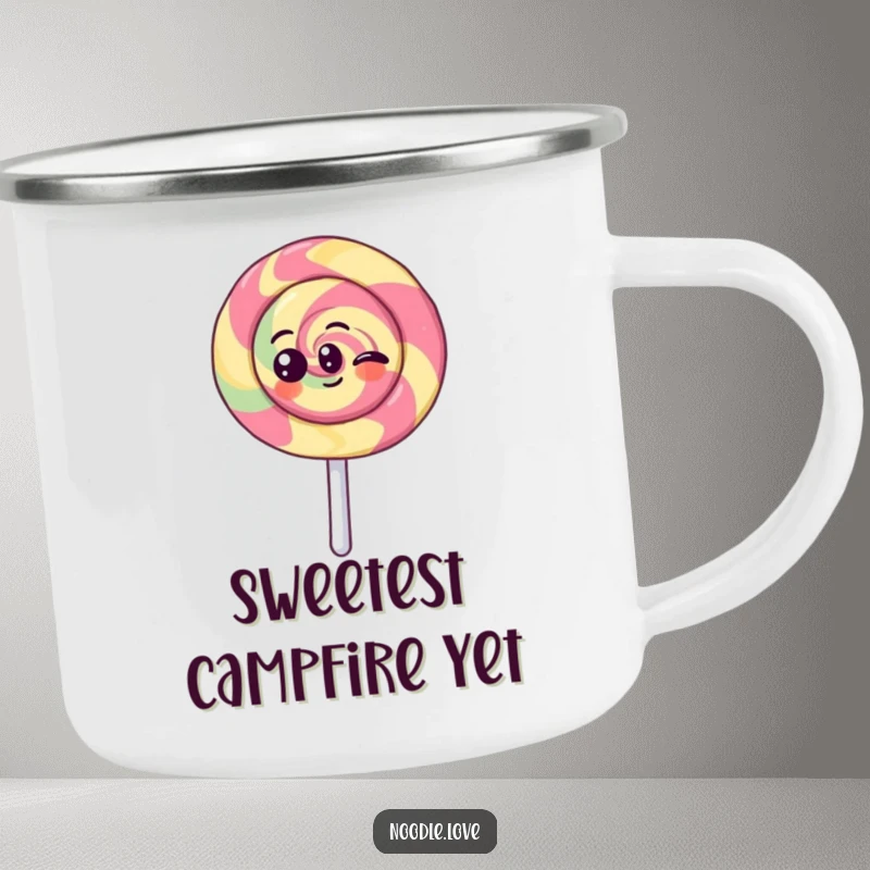 Funny Kawaii lollipop character spinning with joy, on a durable and humorous camping mug, perfect for outdoor enjoyment.