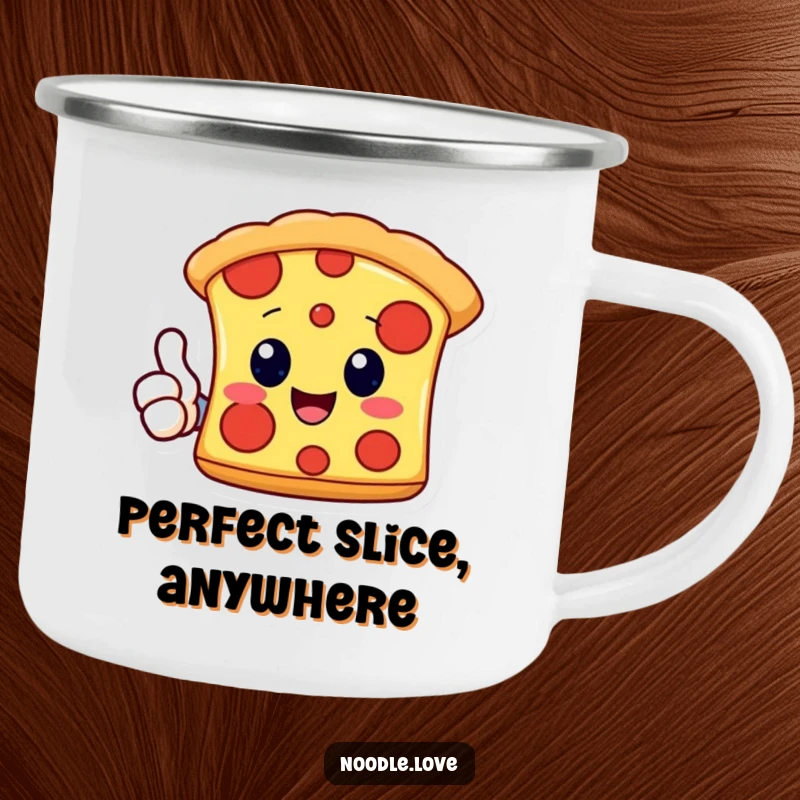 Funny Kawaii pizza slice character giving a thumbs up, on a durable and humorous camping mug, perfect for outdoor enjoyment.