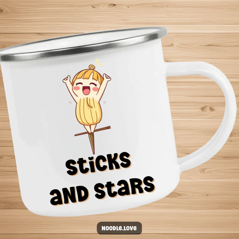 Funny camping mug with a noodle character excitedly doing a headstand on a chopstick, perfect for outdoors.